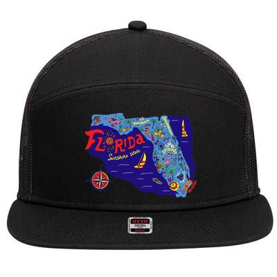 Cartoon Map of Florida 7 Panel Mesh Trucker Snapback Hat