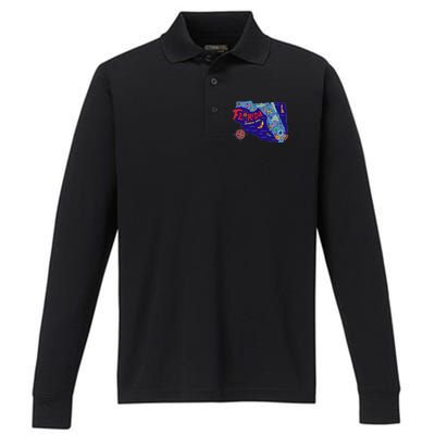 Cartoon Map of Florida Performance Long Sleeve Polo