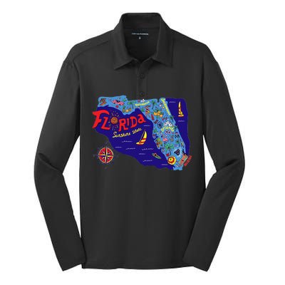 Cartoon Map of Florida Silk Touch Performance Long Sleeve Polo