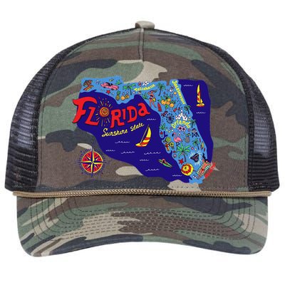 Cartoon Map of Florida Retro Rope Trucker Hat Cap