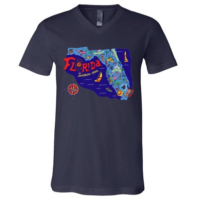 Cartoon Map of Florida V-Neck T-Shirt