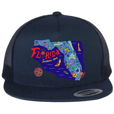 Cartoon Map of Florida Flat Bill Trucker Hat