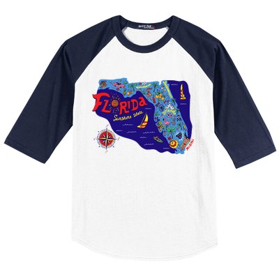 Cartoon Map of Florida Baseball Sleeve Shirt