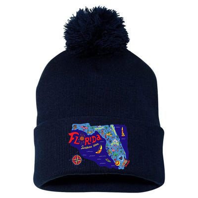 Cartoon Map of Florida Pom Pom 12in Knit Beanie