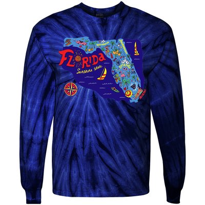 Cartoon Map of Florida Tie-Dye Long Sleeve Shirt