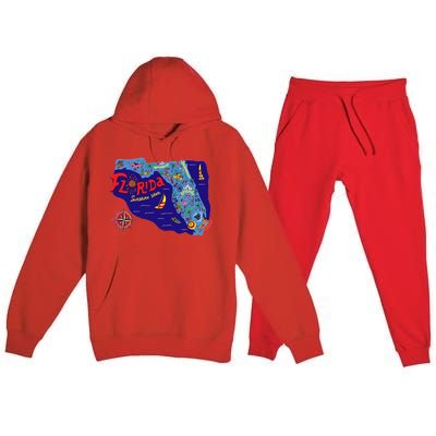 Cartoon Map of Florida Premium Hooded Sweatsuit Set