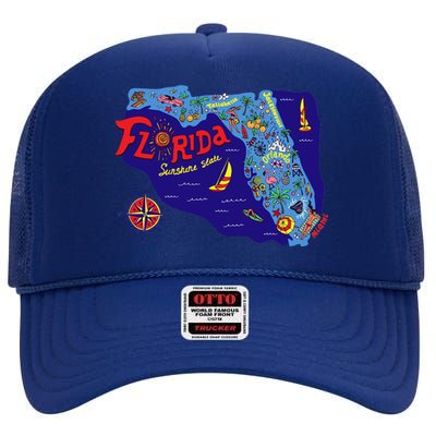 Cartoon Map of Florida High Crown Mesh Back Trucker Hat