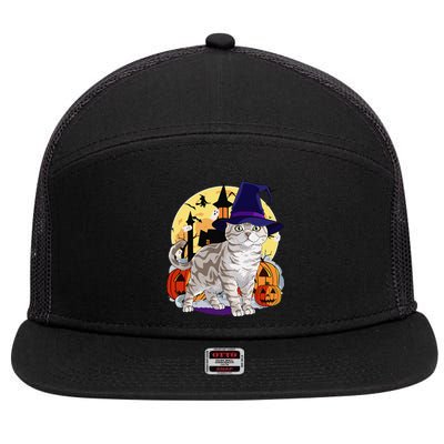 Cute American Shorthair Cat Halloween Witch Pumpkin 7 Panel Mesh Trucker Snapback Hat