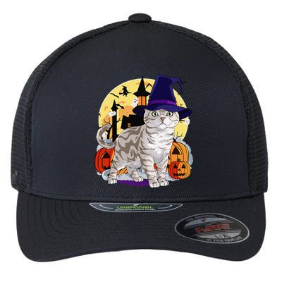 Cute American Shorthair Cat Halloween Witch Pumpkin Flexfit Unipanel Trucker Cap