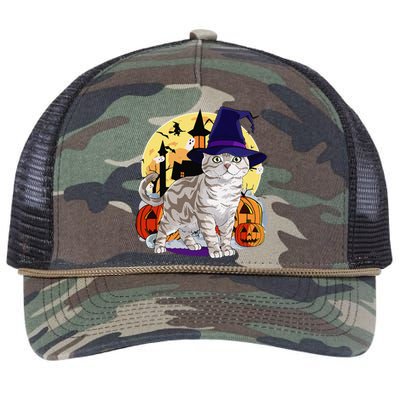 Cute American Shorthair Cat Halloween Witch Pumpkin Retro Rope Trucker Hat Cap