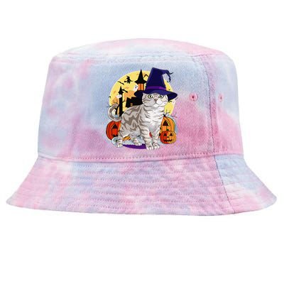 Cute American Shorthair Cat Halloween Witch Pumpkin Tie-Dyed Bucket Hat