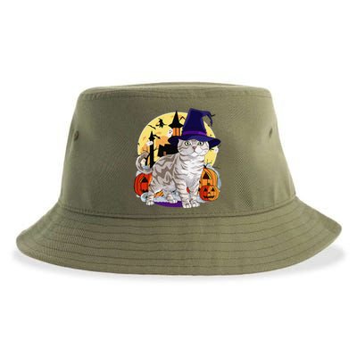 Cute American Shorthair Cat Halloween Witch Pumpkin Sustainable Bucket Hat