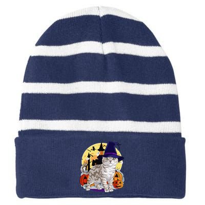 Cute American Shorthair Cat Halloween Witch Pumpkin Striped Beanie with Solid Band