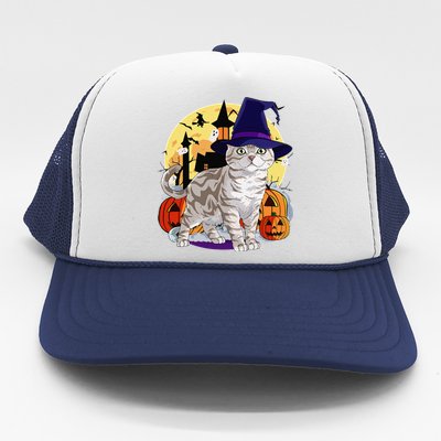 Cute American Shorthair Cat Halloween Witch Pumpkin Trucker Hat