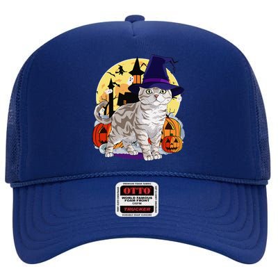 Cute American Shorthair Cat Halloween Witch Pumpkin High Crown Mesh Back Trucker Hat