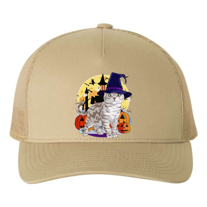 Cute American Shorthair Cat Halloween Witch Pumpkin Yupoong Adult 5-Panel Trucker Hat