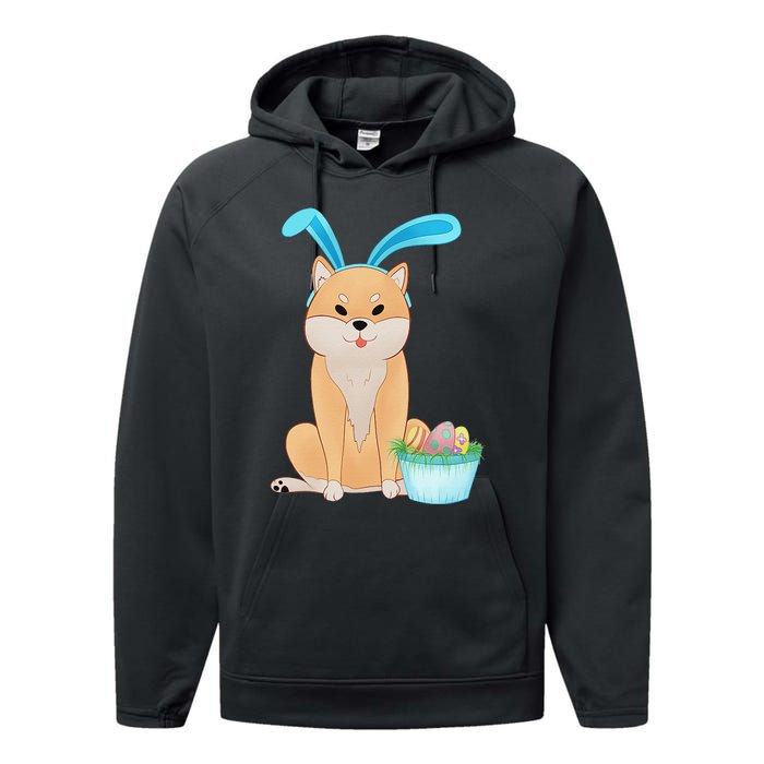 Cute Anime Shiba Inu With Bunny Ears And Easter Egg Basket Performance Fleece Hoodie