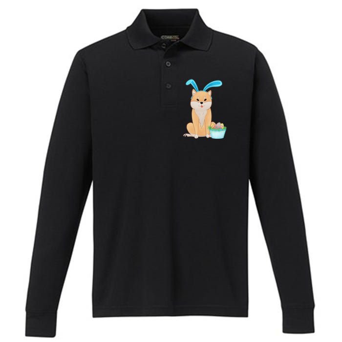 Cute Anime Shiba Inu With Bunny Ears And Easter Egg Basket Performance Long Sleeve Polo