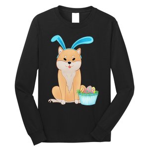 Cute Anime Shiba Inu With Bunny Ears And Easter Egg Basket Long Sleeve Shirt