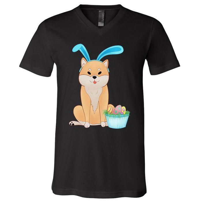 Cute Anime Shiba Inu With Bunny Ears And Easter Egg Basket V-Neck T-Shirt