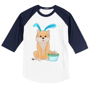 Cute Anime Shiba Inu With Bunny Ears And Easter Egg Basket Baseball Sleeve Shirt