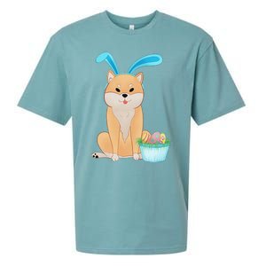 Cute Anime Shiba Inu With Bunny Ears And Easter Egg Basket Sueded Cloud Jersey T-Shirt