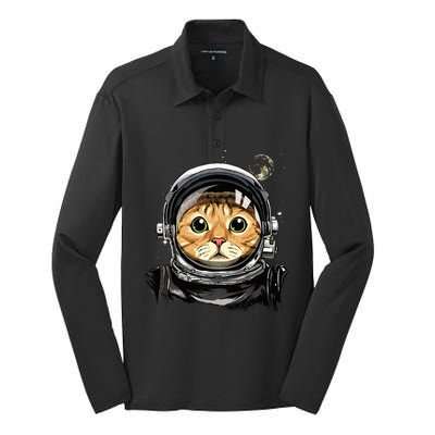 Cat Astronaut Space Exploration Astronomy Lover Silk Touch Performance Long Sleeve Polo