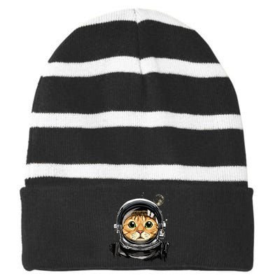 Cat Astronaut Space Exploration Astronomy Lover Striped Beanie with Solid Band