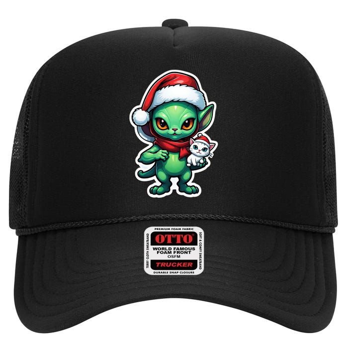 Cute Alien Santa Claus Cat High Crown Mesh Back Trucker Hat