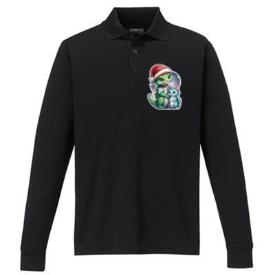 Cute Alien Santa Claus Cat Performance Long Sleeve Polo