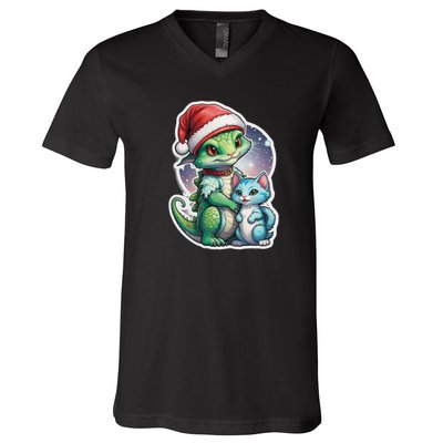 Cute Alien Santa Claus Cat V-Neck T-Shirt