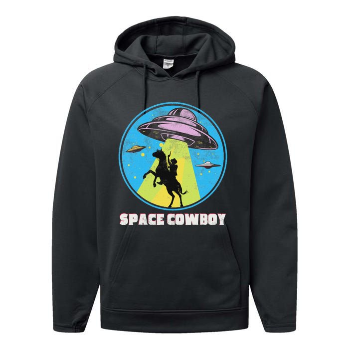 Cowboy Alien Spaceship Abduction Vintage Distressed Western Performance Fleece Hoodie