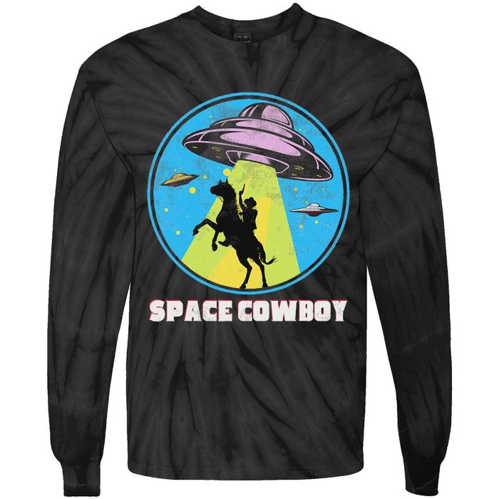 Cowboy Alien Spaceship Abduction Vintage Distressed Western Tie-Dye Long Sleeve Shirt