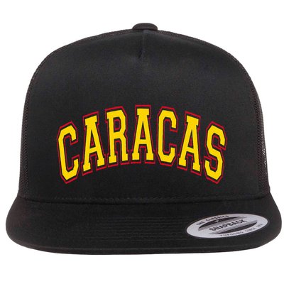 Caracas Arched Style Text Yellow With Red Outline Flat Bill Trucker Hat