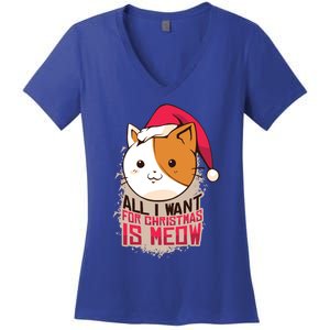 Cat A Santa Hat And All I Want For Christmas Is Meow Gift Women's V-Neck T-Shirt