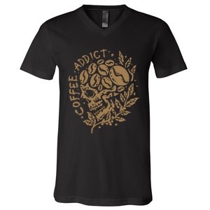 Coffee Addict Skull For Lovers Of Caffeine V-Neck T-Shirt