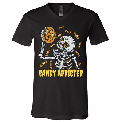 Candy Addicted Skeleton Halloween V-Neck T-Shirt