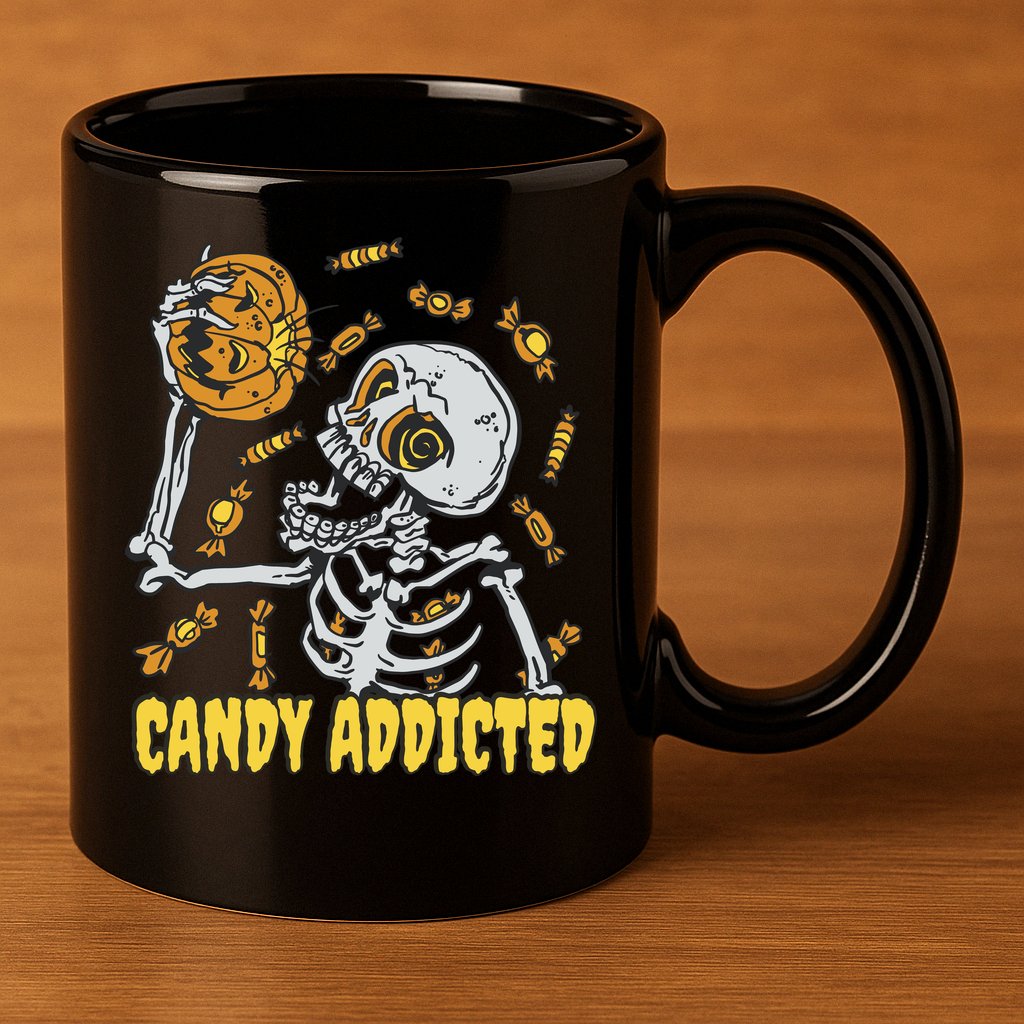 Candy Addicted Skeleton Halloween 11oz C Handle Ceramic Mug