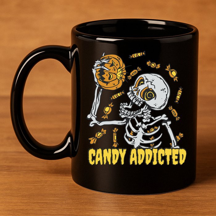 Candy Addicted Skeleton Halloween 11oz C Handle Ceramic Mug