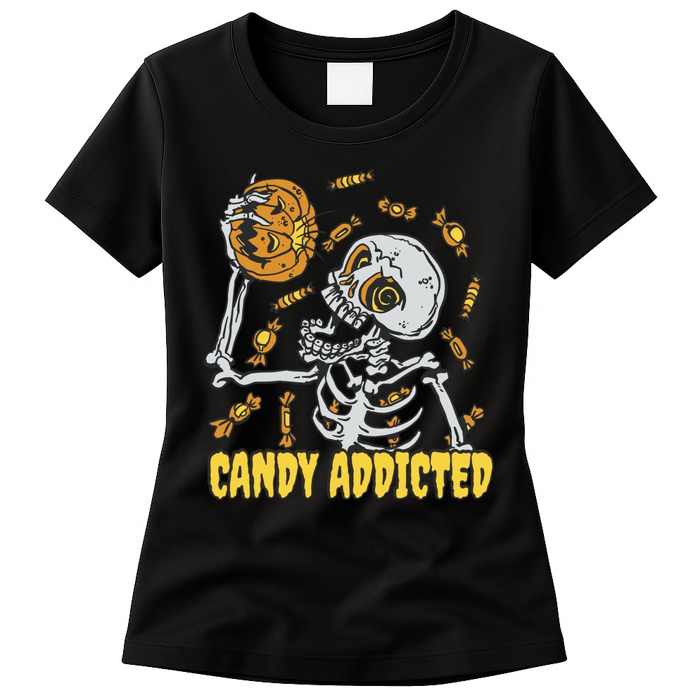 Candy Addicted Skeleton Halloween Womens T-Shirt