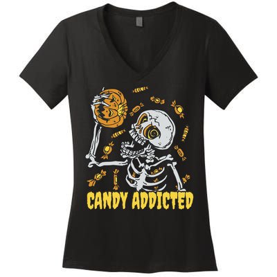 Candy Addicted Skeleton Halloween Women's V-Neck T-Shirt