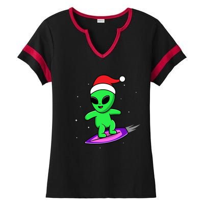 Cute Alien Santa Claus Surfing Ladies Halftime Notch Neck Tee