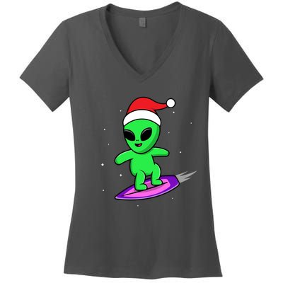 Cute Alien Santa Claus Surfing Women's V-Neck T-Shirt