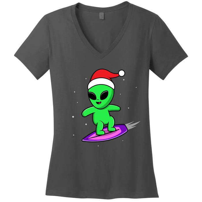 Cute Alien Santa Claus Surfing Women's V-Neck T-Shirt