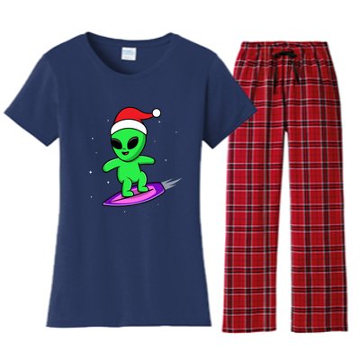 Cute Alien Santa Claus Surfing Women's Flannel Pajama Set