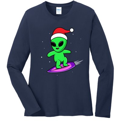 Cute Alien Santa Claus Surfing Ladies Long Sleeve Shirt