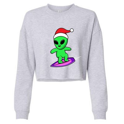 Cute Alien Santa Claus Surfing Cropped Pullover Crew