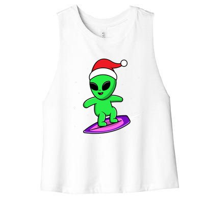 Cute Alien Santa Claus Surfing Women's Racerback Cropped Tank