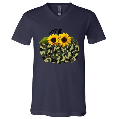 Camouflage And Sunflower Pumpkin Fall Autumn Thanksgiving V-Neck T-Shirt