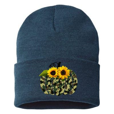 Camouflage And Sunflower Pumpkin Fall Autumn Thanksgiving Sustainable Knit Beanie